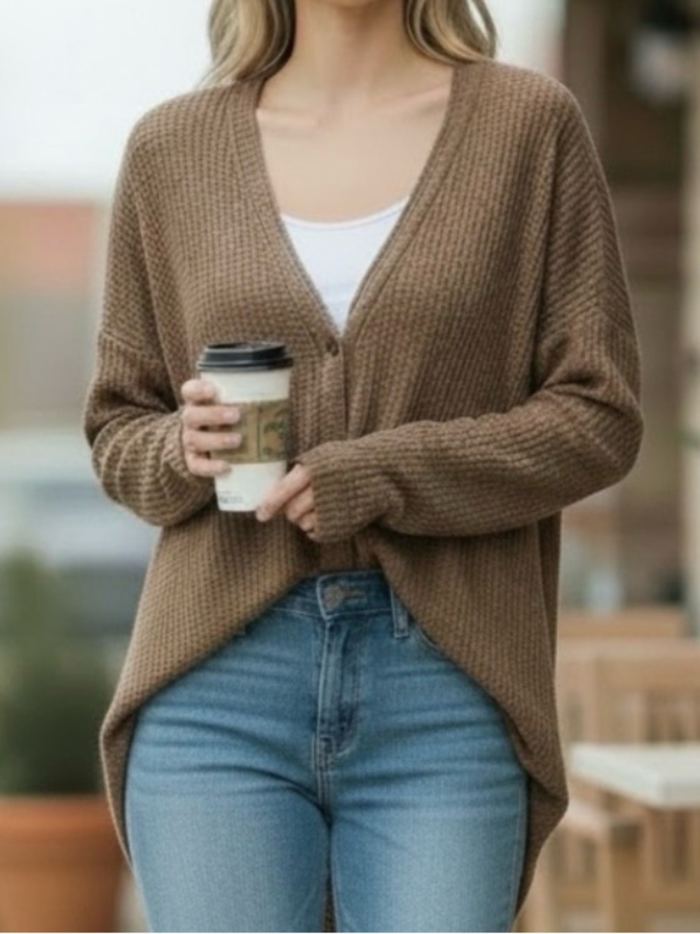 La Miel Waffle Knit Button-Down Thermal Top – Taupe, Size M
